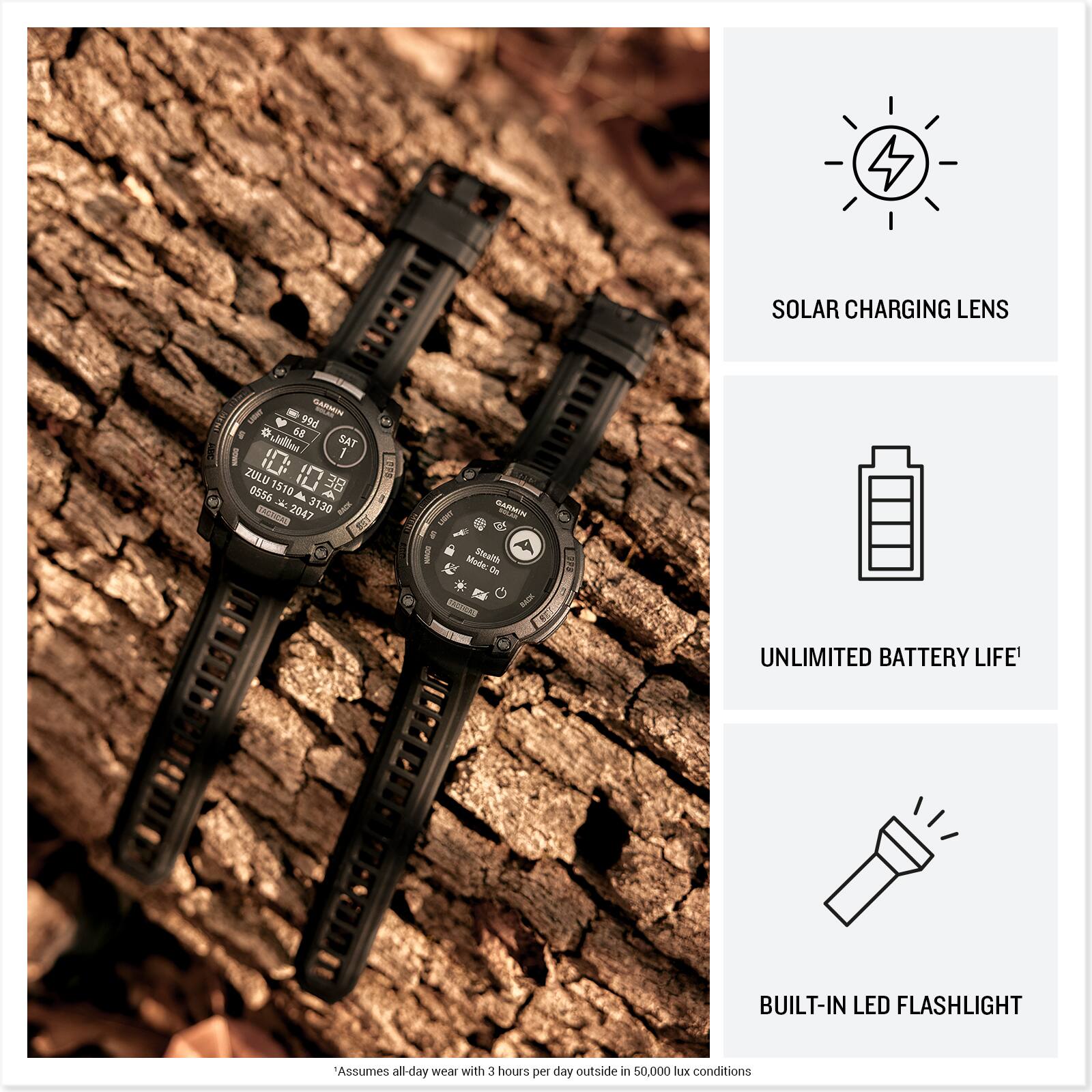Bundle Garmin Instinct 3 Tactical Solar GPS Watch with Accessories