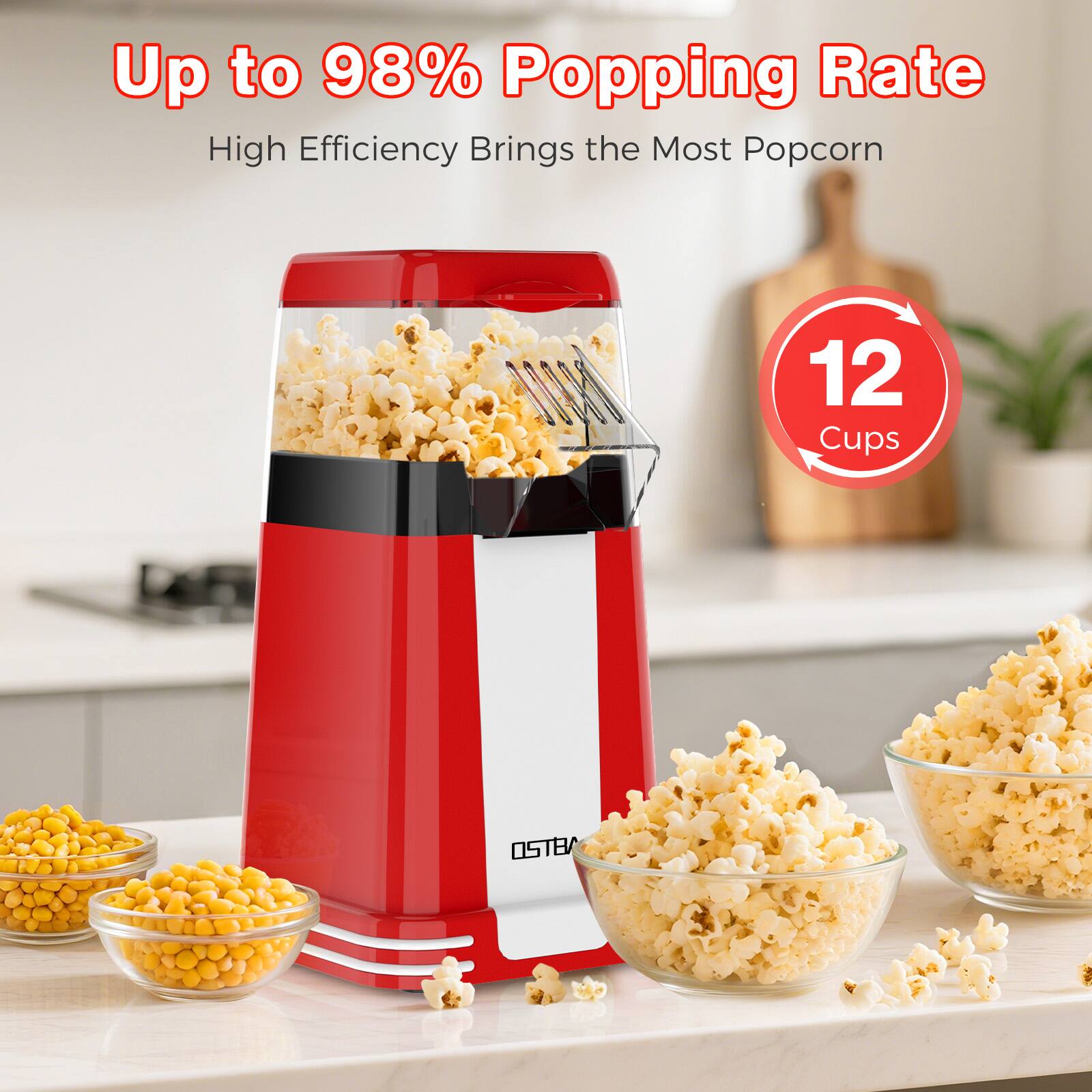 Up to 98% Popping Rate  
High Efficiency Brings the Most Popcorn  

12 Cups