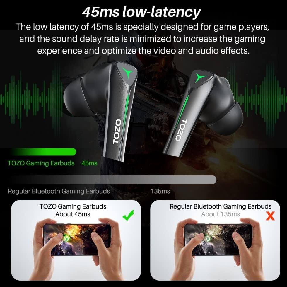 45ms low-latency

The low latency of 45ms is specially designed for game players, and the sound delay rate is minimized to increase the gaming experience and optimize the video and audio effects.

TOZO Gaming Earbuds 45ms

Regular Bluetooth Gaming Earbuds 135ms

TOZO Gaming Earbuds About 45ms ✔️

Regular Bluetooth Gaming Earbuds About 135ms ❌