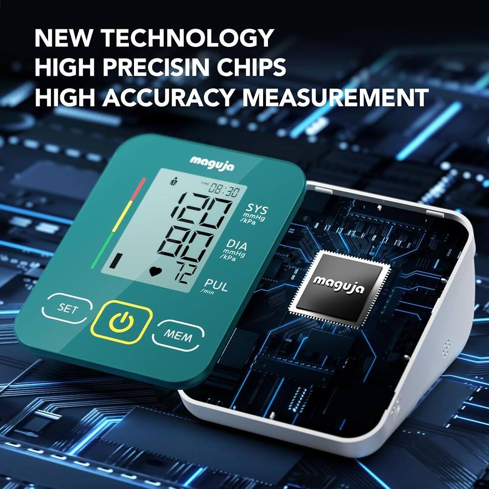 NEW TECHNOLOGY  
HIGH PRECISION CHIPS  
HIGH ACCURACY MEASUREMENT  

maguja  

08:30  
127  
167  
80  
72  

SYS /kPa mmHg  
DIA /kPa mmHg  
PUL /min  

SET  
MEM
