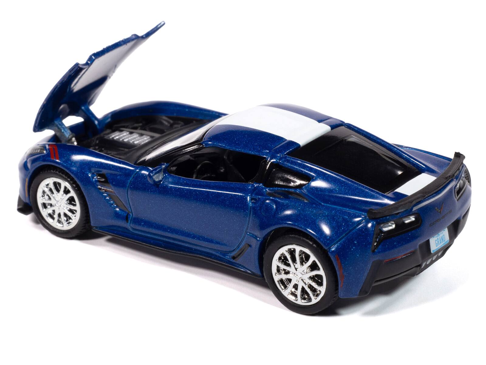 Left. Autoworld - 2018 Chevrolet Corvette Grand Sport Admiral Blue with White Stripe "Sports Cars" Series 1/64 - Blue.