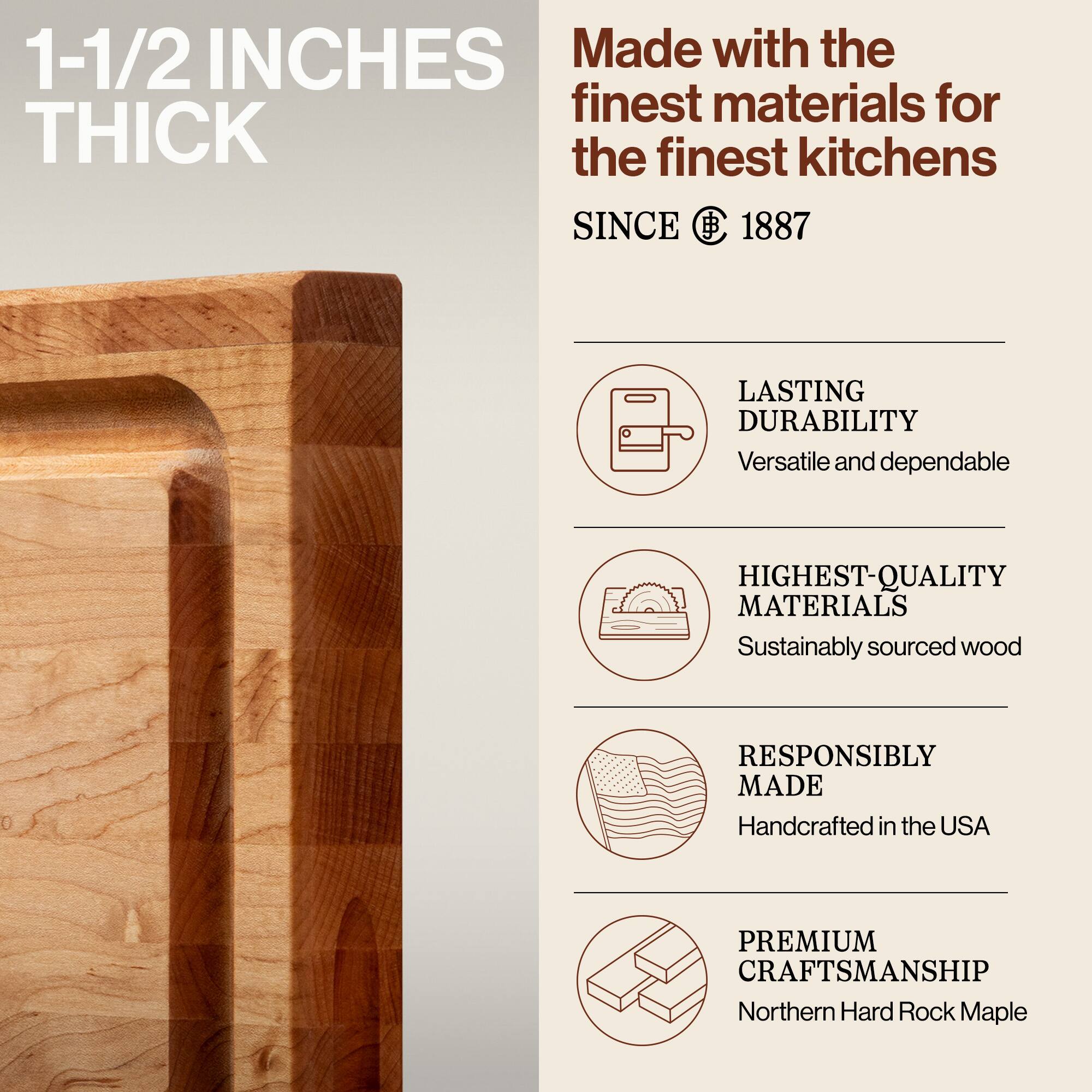1-1/2 INCHES THICK

Made with the finest materials for the finest kitchens SINCE 1887

- LASTING DURABILITY
  Versatile and dependable

- HIGHEST-QUALITY MATERIALS
  Sustainably sourced wood

- RESPONSIBLY MADE
  Handcrafted in the USA

- PREMIUM CRAFTSMANSHIP
  Northern Hard Rock Maple