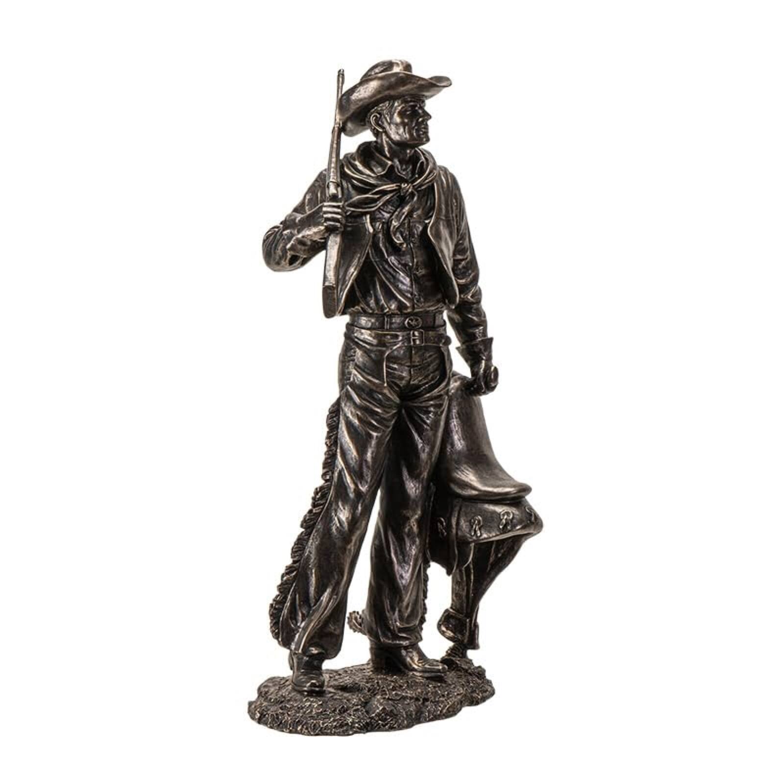Back. Pacific Trading - Bronze Accent Cowboy Figurine with Rifle Gun and Saddle Western Decor Statue for Home 17 inch.