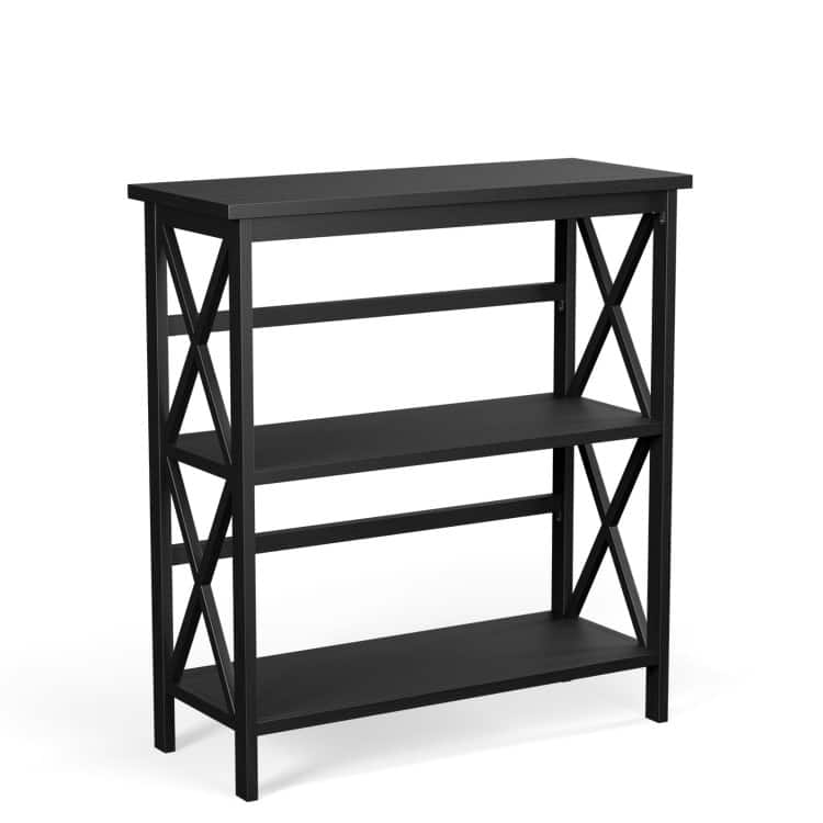 SlickBlue - 3-Tier Wooden X-Design Etagere Bookshelf for Living Room or Office Storage - Black
