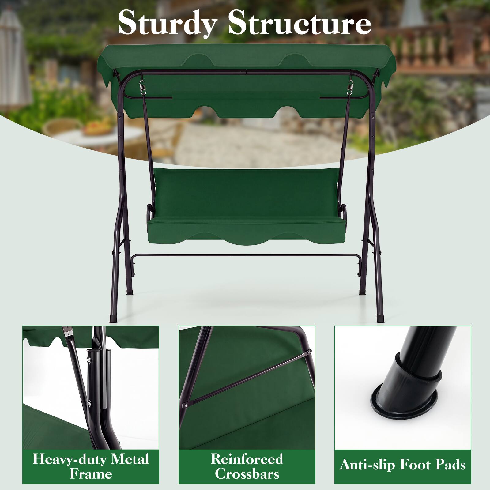 Sturdy Structure  
Heavy-duty Metal Frame  
Reinforced Crossbars  
Anti-slip Foot Pads