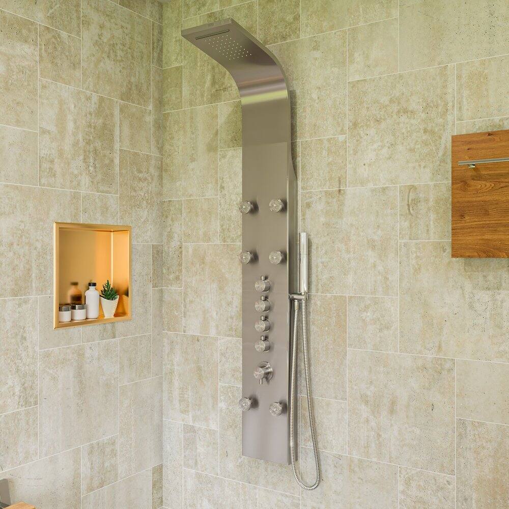 Left. Alfi - 16" x 16" Brushed Gold PVD Steel Square Single Shelf Shower Niche - Gold.