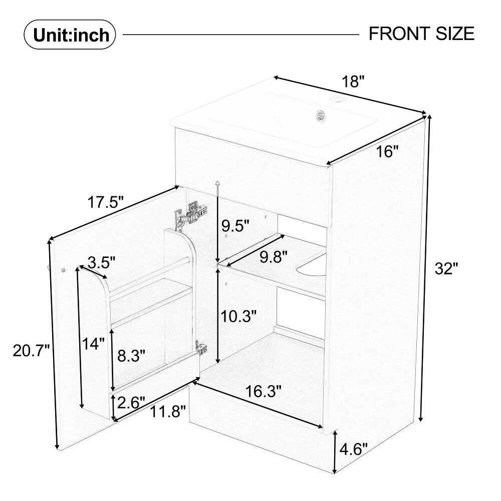 Unit: inch

FRONT SIZE
18"
16"
17.5"
9.5"
3.5"
9.8"
32"
10.3"
20.7"
14" 8.3"
2.6" 11.8"
16.3"
4.6"