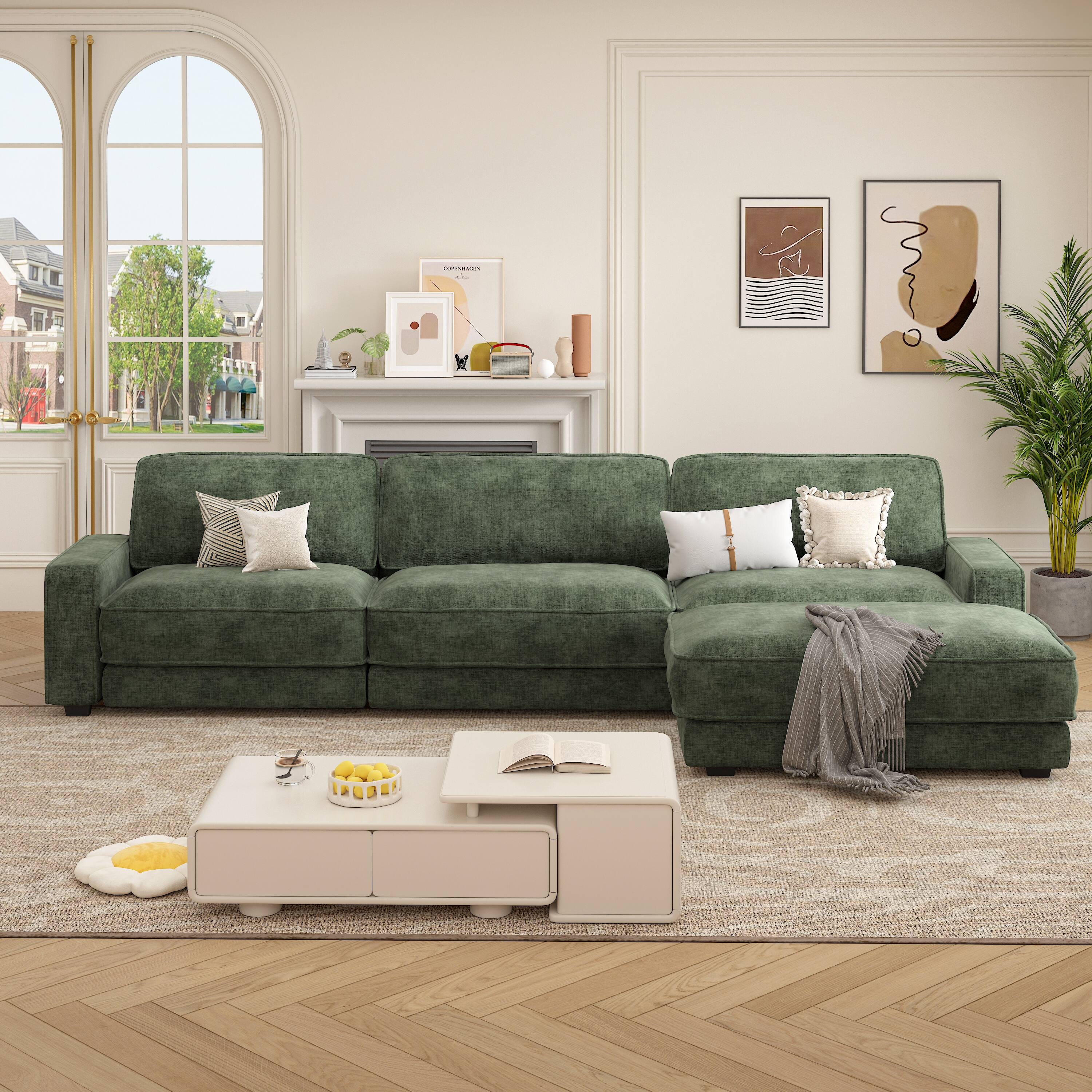 Alt View 1. Dyonery - 120" Oversized L-Shaped Modular Sectional Sleeper Sofa,Green Chenille Modern 4-Seater Sectional Couch - Green.