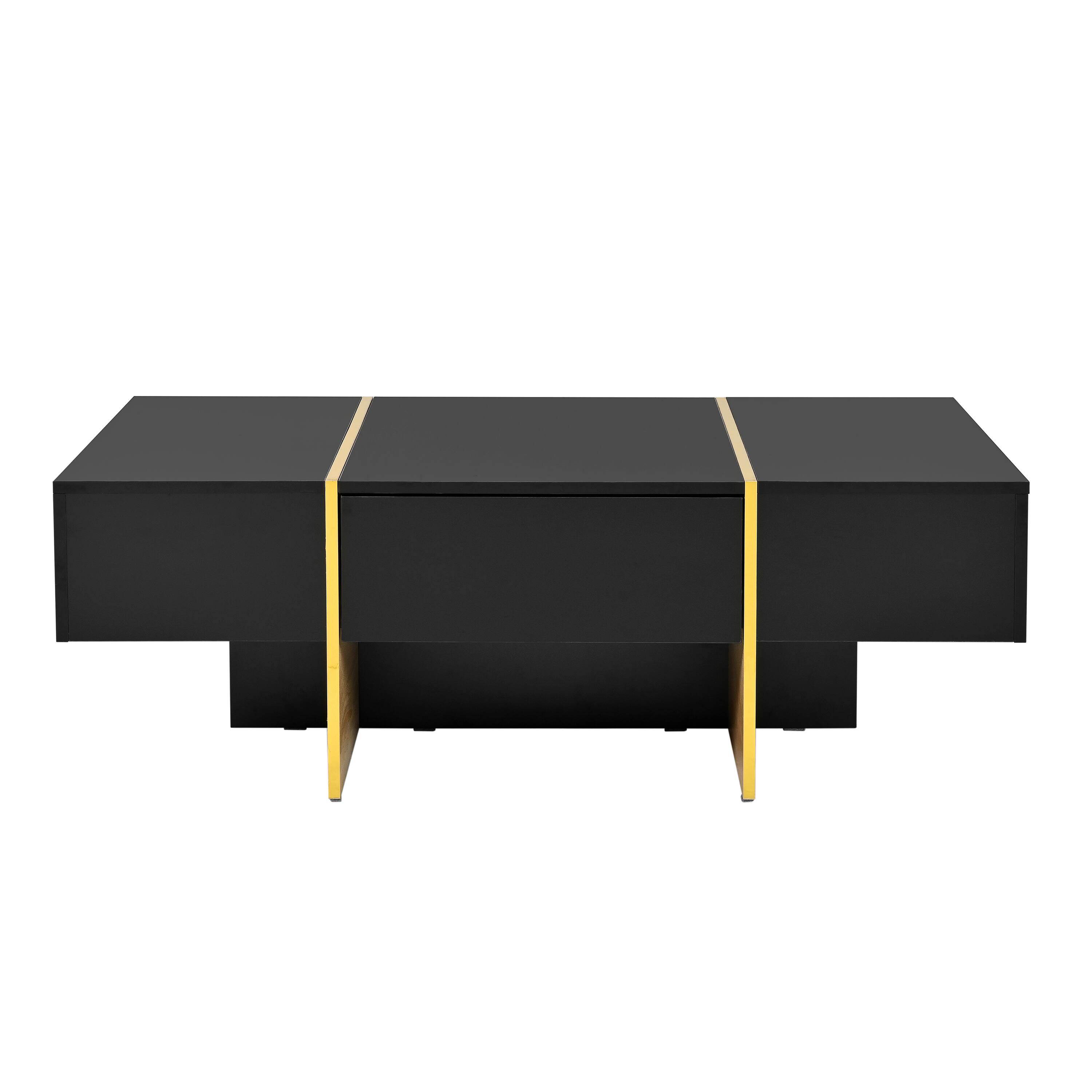 Alt View 4. Tiramisubest - Minimalist High Gloss Coffee Table with 2 Drawers,Multi-Storage Rectangle Sofa Table with Golden Wood Grain Legs,Black - Black.