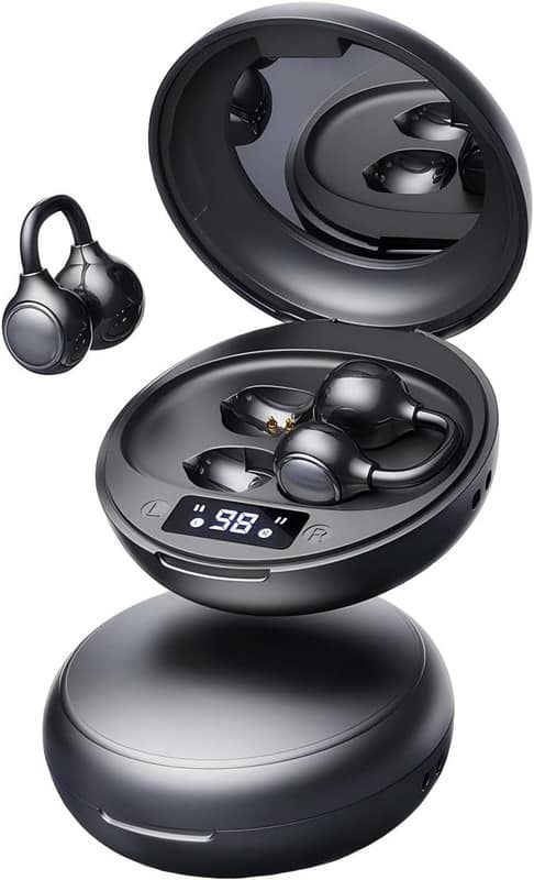 SKRAN - Open Ear Wireless Earbuds Bluetooth 5.4, Clip-On, Mini Mirror Charging Case, LED Display, Lightweight for Workouts - Black