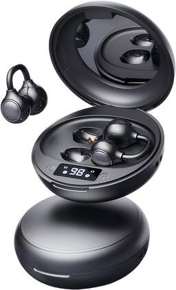 SKRAN - Open Ear Wireless Earbuds Bluetooth 5.4, Clip-On, Mini Mirror Charging Case, LED Display, Lightweight for Workouts - Black