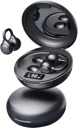 Front. SKRAN - Open Ear Wireless Earbuds Bluetooth 5.4, Clip-On, Mini Mirror Charging Case, LED Display, Lightweight for Workouts - Black.