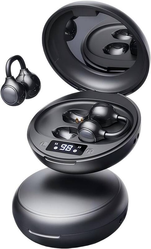 Front. SKRAN - Open Ear Wireless Earbuds Bluetooth 5.4, Clip-On, Mini Mirror Charging Case, LED Display, Lightweight for Workouts - Black.