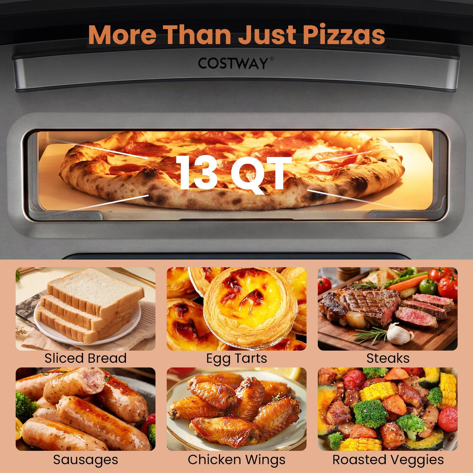 More Than Just Pizzas  
COSTWAY  
13 QT  
Sliced Bread  
Egg Tarts  
Steaks  
Sausages  
Chicken Wings  
Roasted Veggies