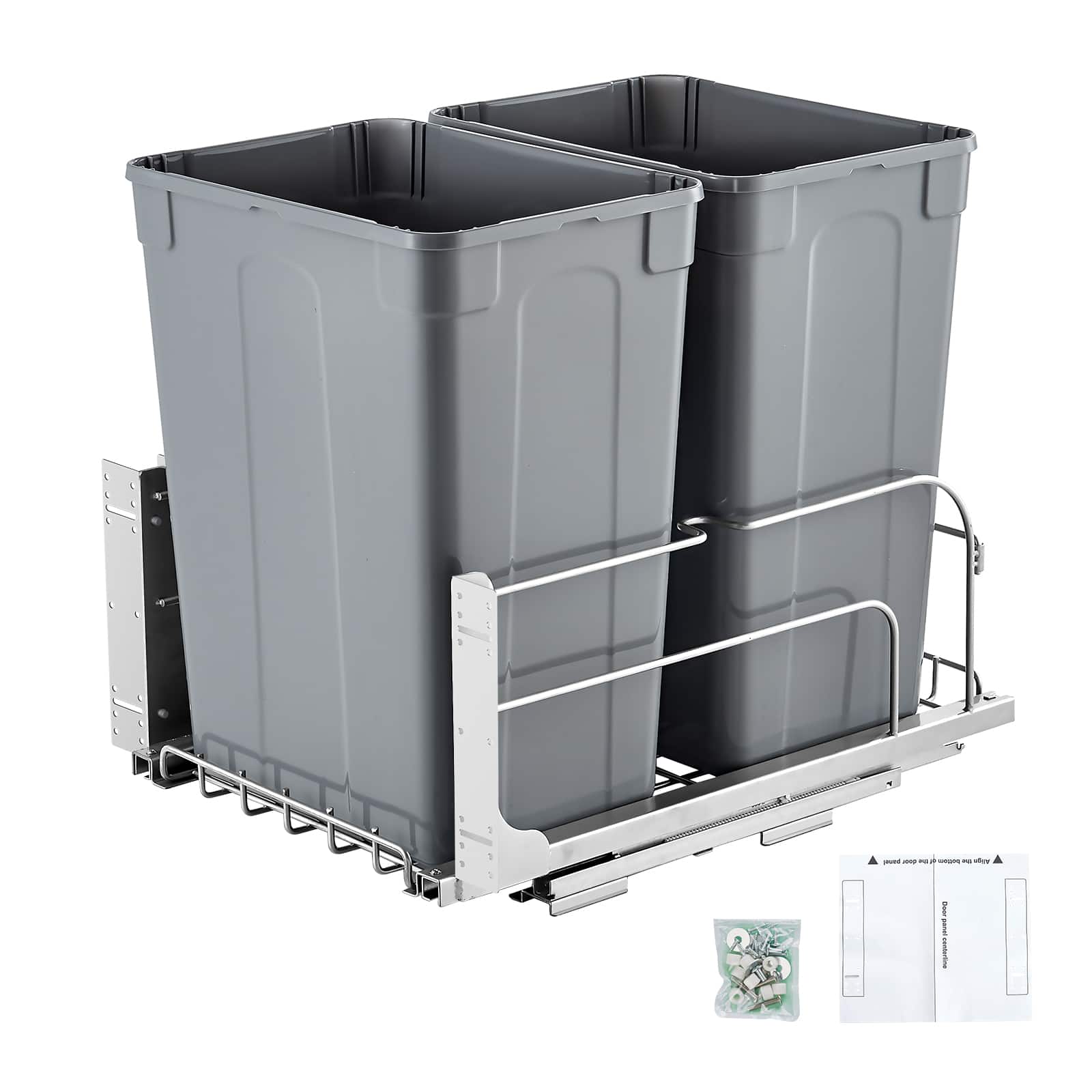 Front. VEVOR - Pull-Out Trash Can, 35 QT x2 Double Under Mount Kitchen Waste Container, Heavy Duty Garbage Recycling Bin - Grey.