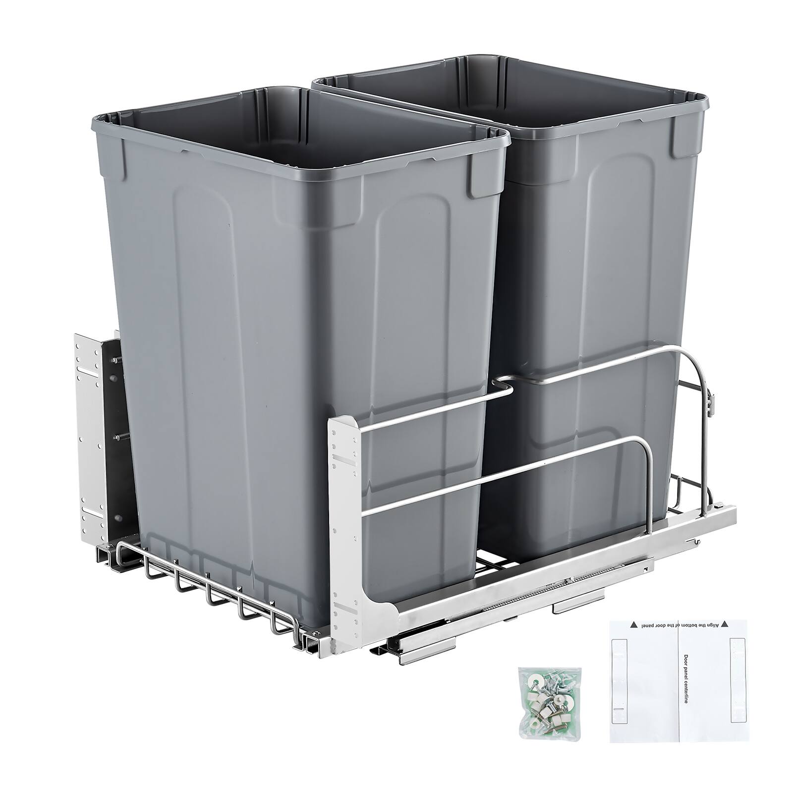 Front. VEVOR - Pull-Out Trash Can, 35 QT x2 Double Under Mount Kitchen Waste Container, Heavy Duty Garbage Recycling Bin - Grey.