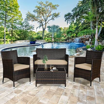 Front. Gymax - Gymax 4PCS Patio Rattan Conversation Furniture Set Outdoor w/ Brown & Grey Cushion - Brown, Grey.