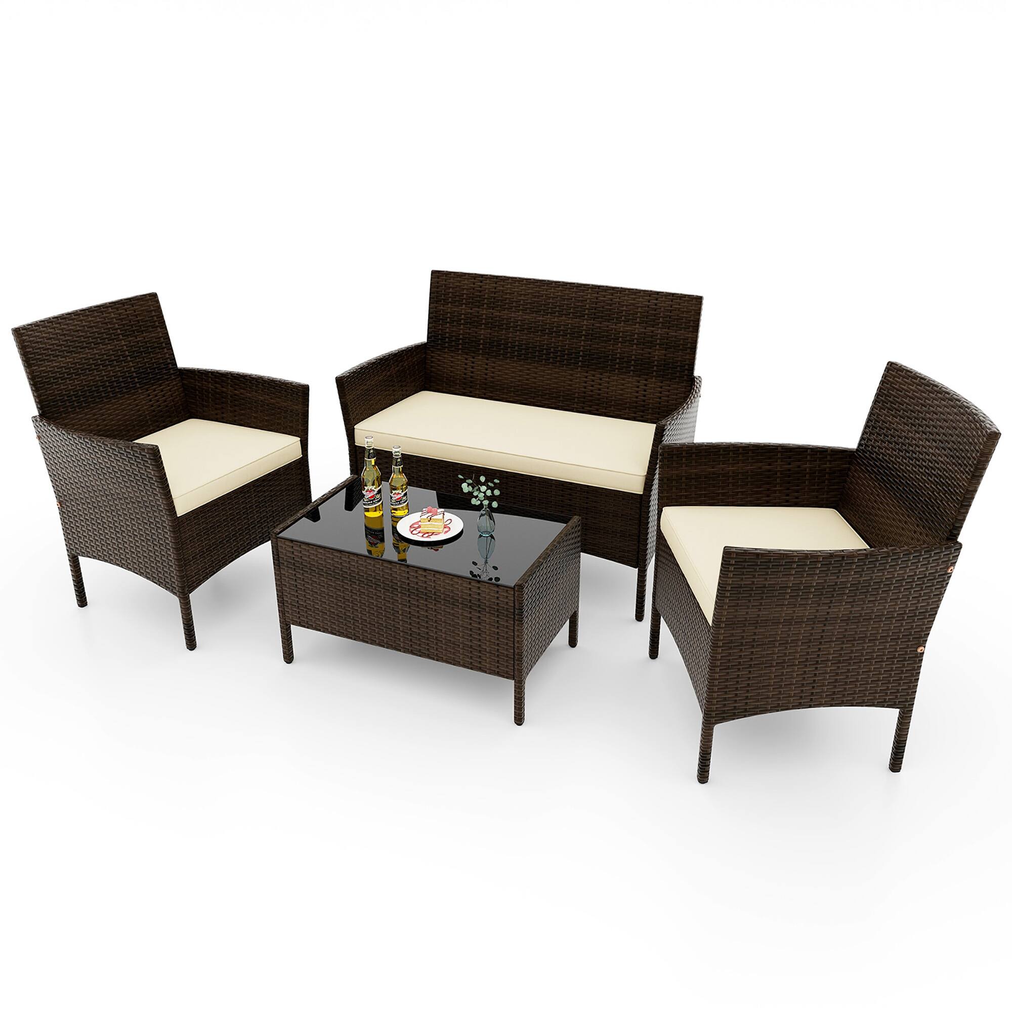 Alt View 1. Gymax - Gymax 4 PCS Patio Rattan Conversation Set Outdoor Wicker Furniture Set w/ Tempered Glass Table - Mix Brown, Beige.