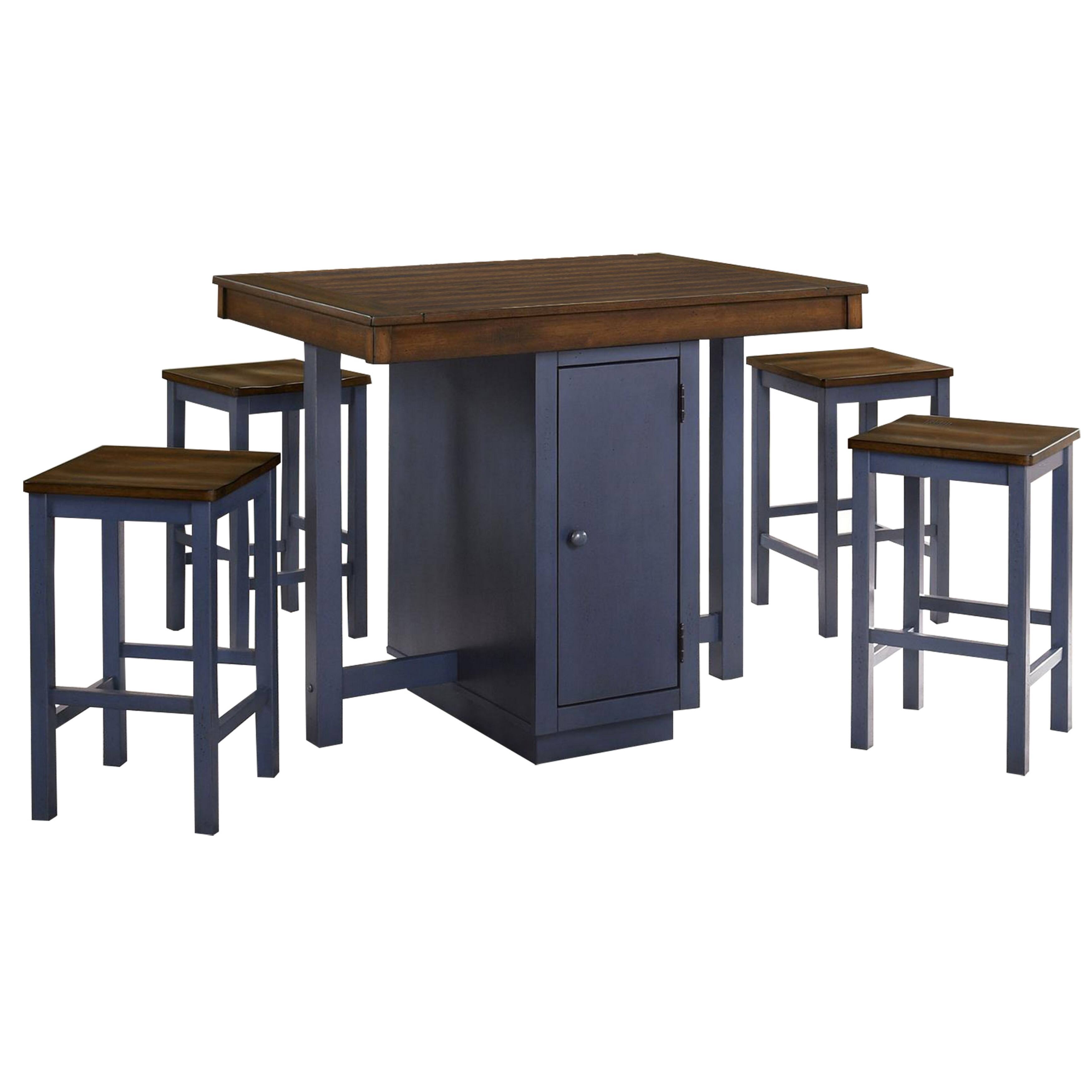 Front. Manhattan Lane - 5 Piece Counter Height Dining Table Set, 4 Stools, Antique Oak, Blue Wood - Brown, Blue.