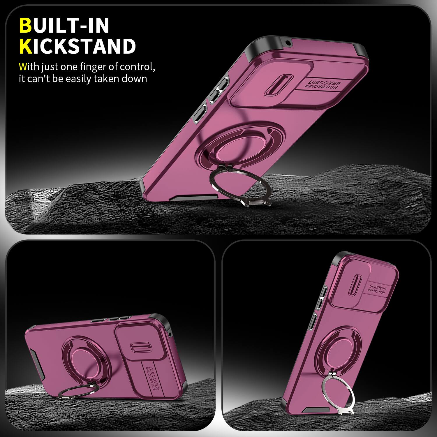 BUILT-IN KICKSTAND  
With just one finger of control, it can't be easily taken down  

DISCOVER INNOVATION  
REVOCCIO  
DISCOVER