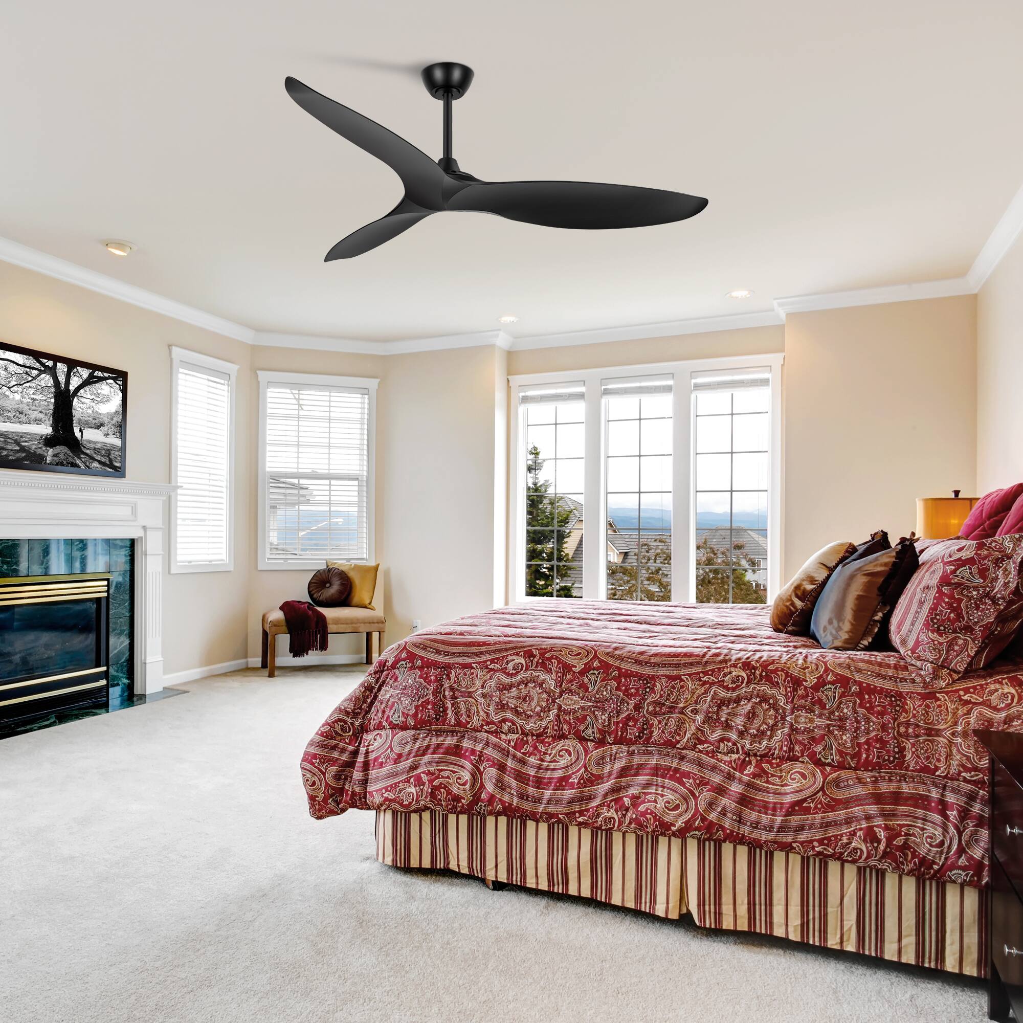 Alt View 2. Breezary - 56-Inch Indoor Ceiling Fan with 3 ABS Blades, 5’’ & 10’’ Downrods,  Reversible DC Motor, 6-Speed Remote Control - Matte Black.