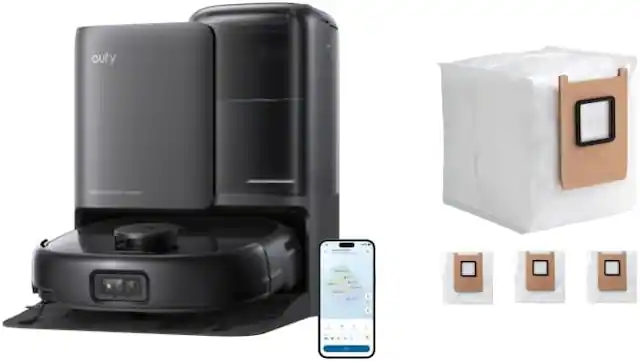 Front. eufy - eufy E25 Omni Robot Vacuum and Mop Combo Auto-Empty & Self-Cleaning All-in-One Station and Official Dust Bags - Black.