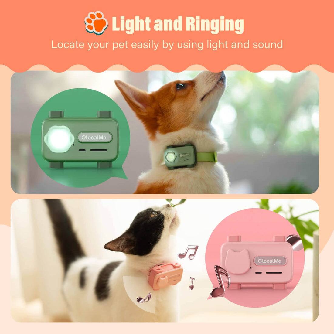 Light and Ringing  
Locate your pet easily by using light and sound  
GlocalMe