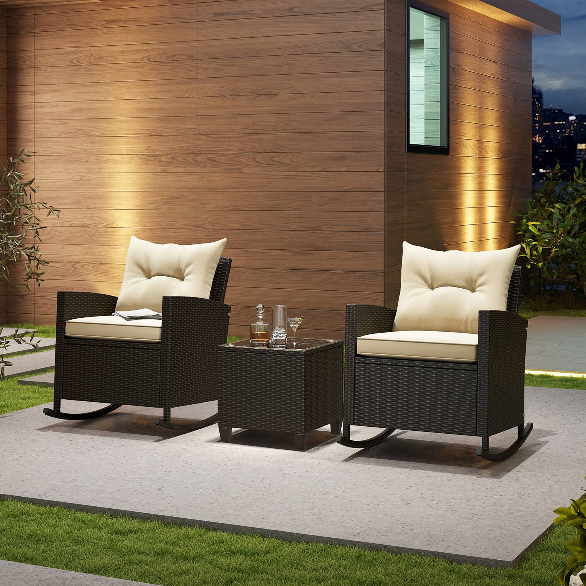 Alt View 3. Gymax - Gymax 3 Piece Outdoor Rocking Set Rattan Rocking Chair Set w/ Tempered Glass Table Seat - Beige, Mix Brown.