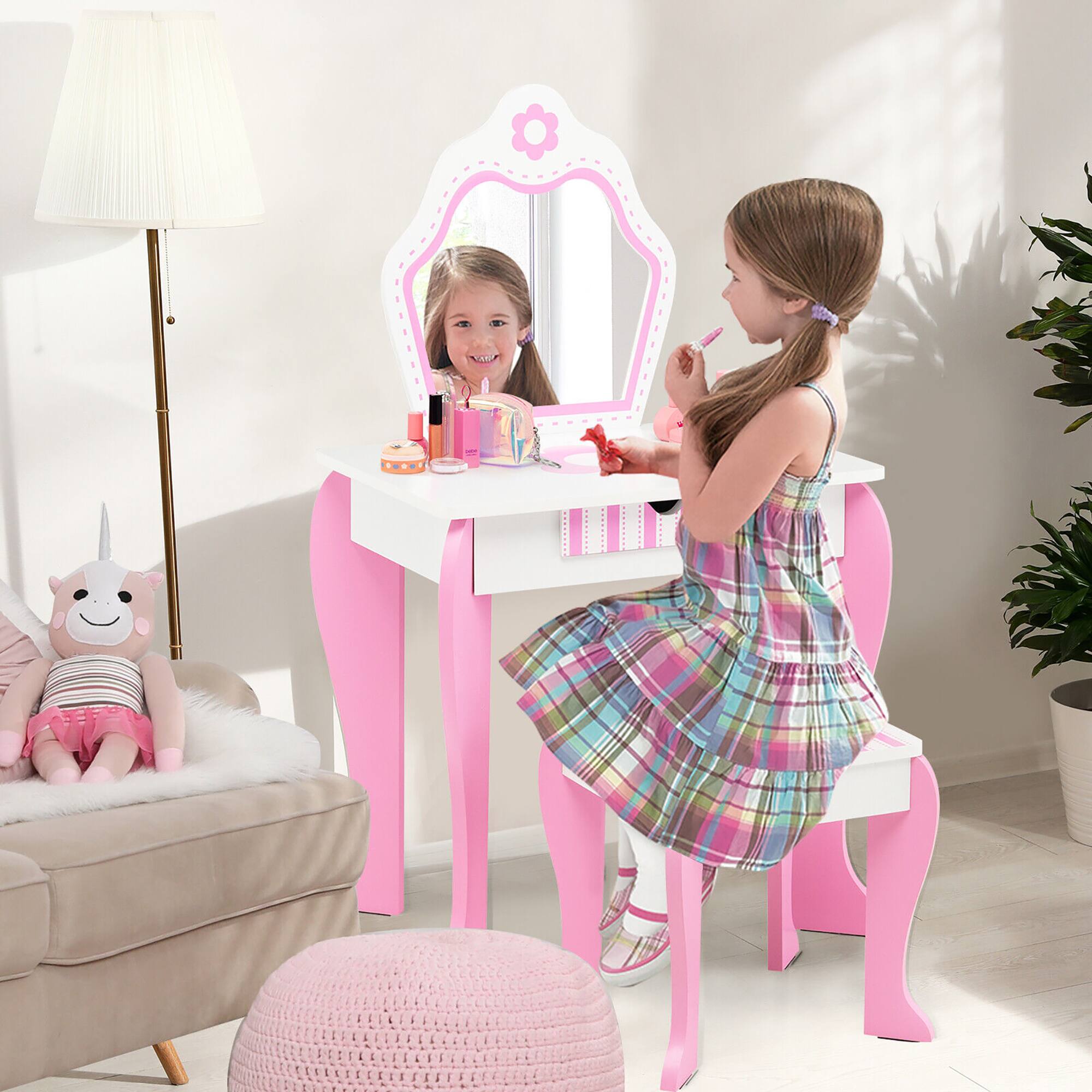 Alt View 2. Gymax - Gymax Kid Vanity Set Wooden Makeup Table Stool w/ Mirror Flower Print Pink & White - White.
