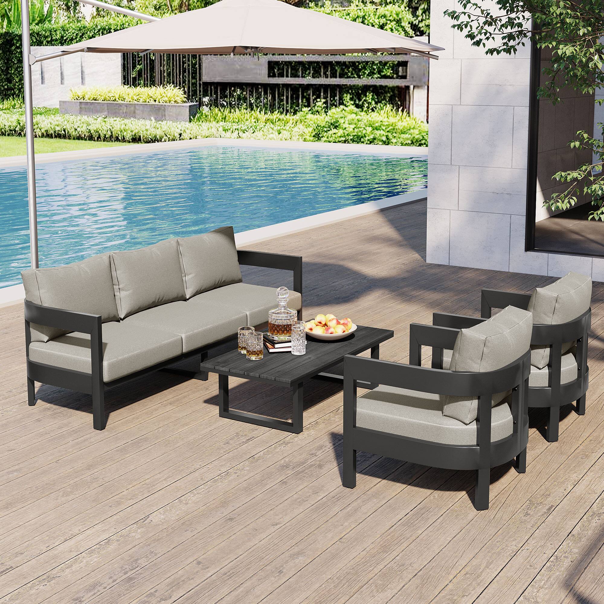 Left. Mondawe - 4-Piece Outdoor Seating Set with Thick Cushions - Light Gray.