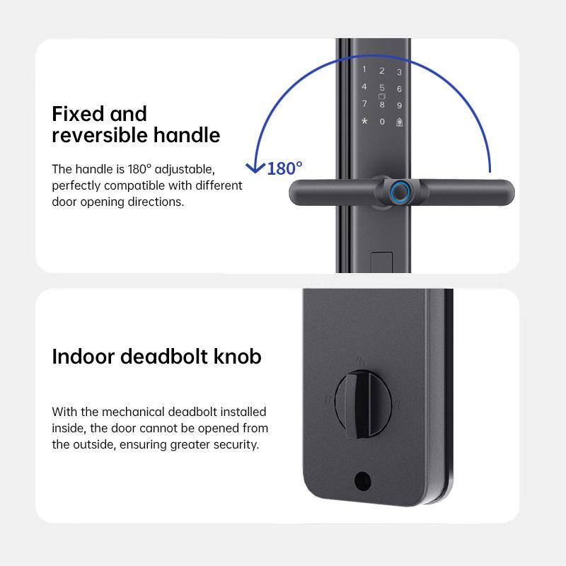 Fixed and reversible handle  
The handle is 180° adjustable, perfectly compatible with different door opening directions.

Indoor deadbolt knob  
With the mechanical deadbolt installed inside, the door cannot be opened from the outside, ensuring greater security.
