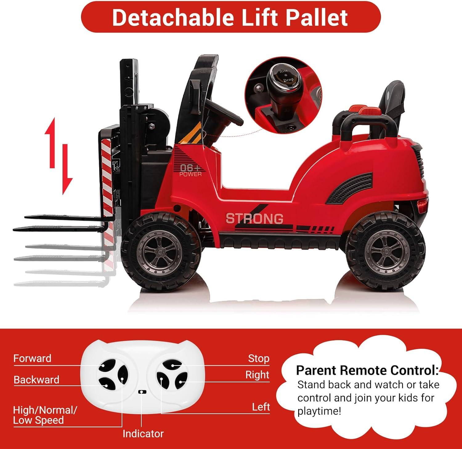 Detachable Lift Pallet

1. 06+ POWER
2. STRONG

Parent Remote Control:
- Stand back and watch or take control and join your kids for playtime!

Controls:
- Forward
- Backward
- High/Normal/Low Speed
- Indicator
- Stop
- Right
- Left