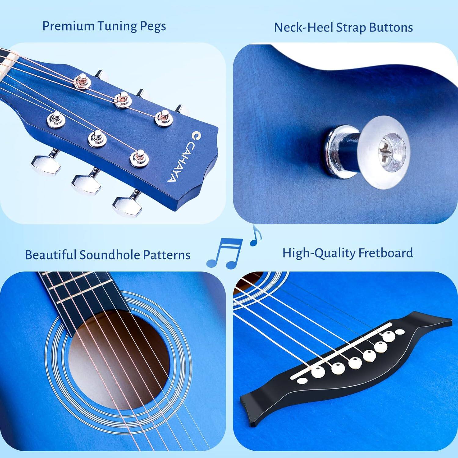 Premium Tuning Pegs  
Neck-Heel Strap Buttons  
Beautiful Soundhole Patterns  
High-Quality Fretboard