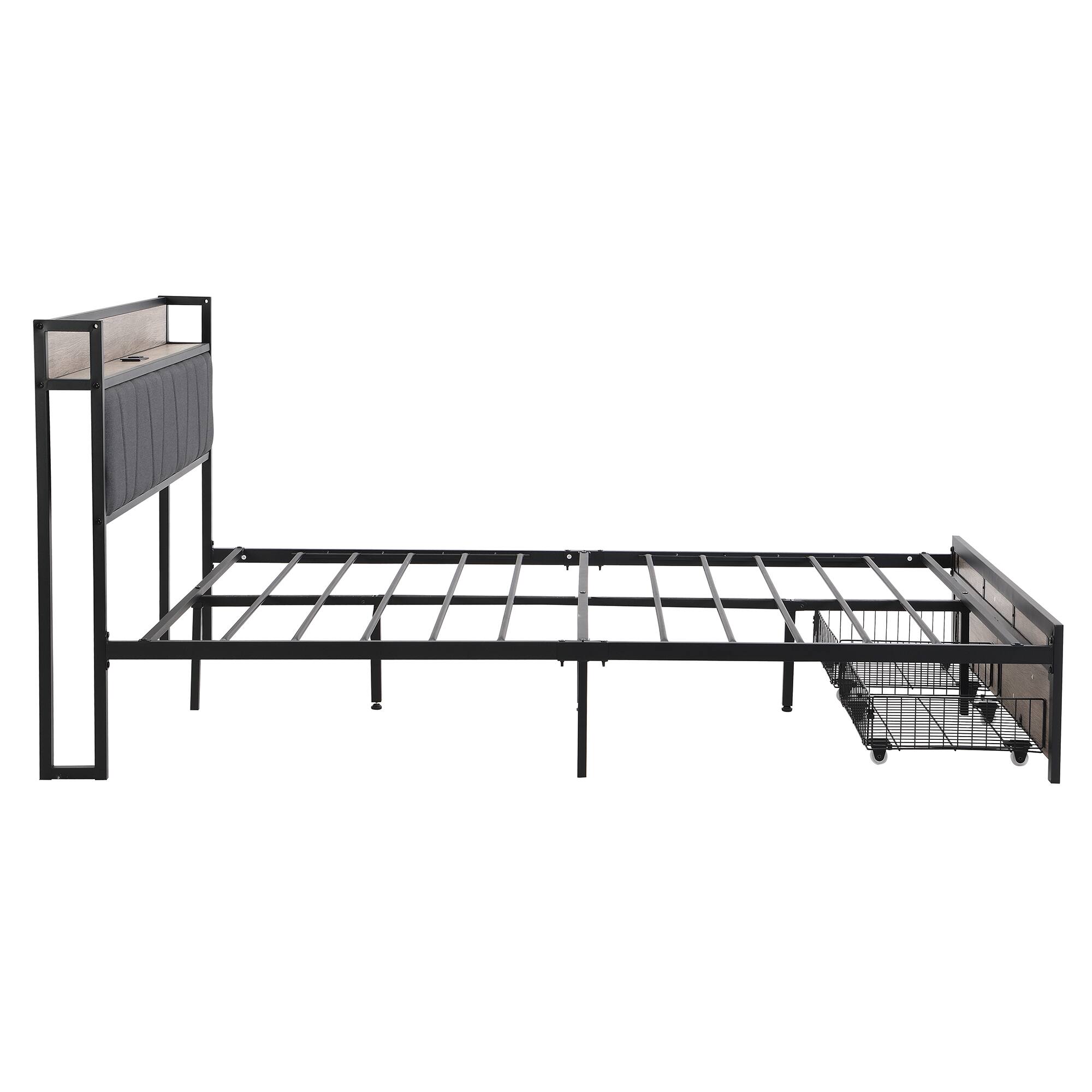 Alt View 2. Trinkets Crazed - Full Size Metal Platform Bed Frame with Storage Headboard and USB and Footboard with Drawers, No Box Spring Needed - Black.
