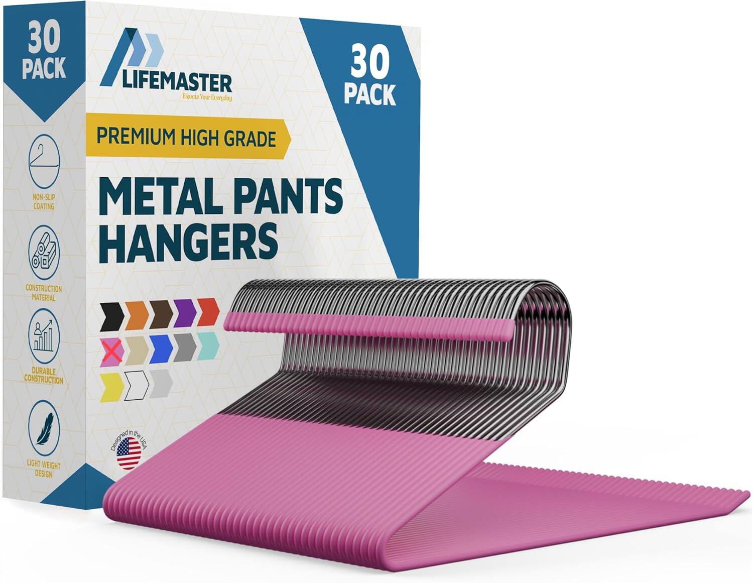 30 PACK, LIFEMASTER, PREMIUM HIGH GRADE, NON-SLIP COATING, METAL PANTS HANGERS, CONSTRUCTION MATERIAL, DURABLE CONSTRUCTION, LIGHT WEIGHT DESIGN, Made in the USA