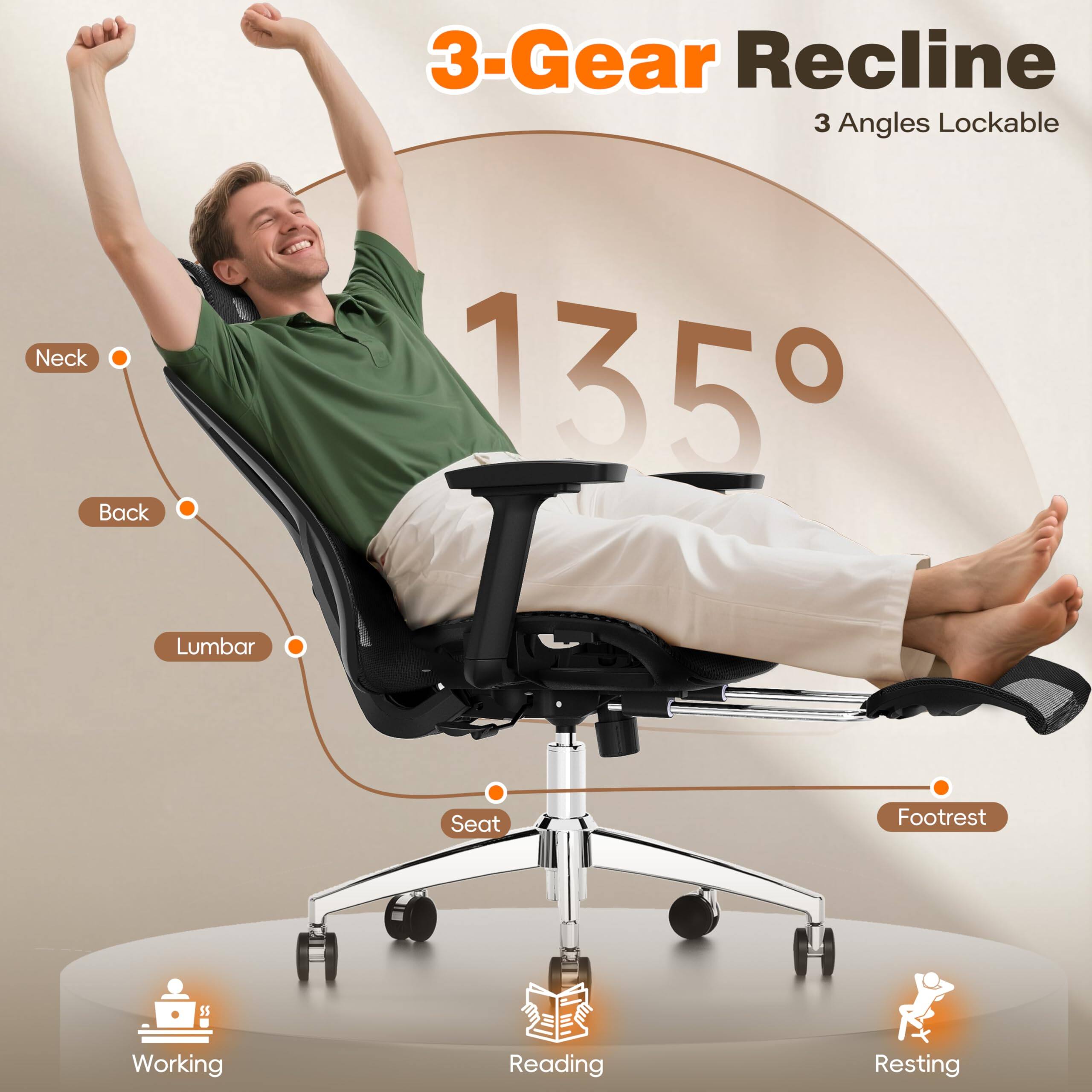 3-Gear Recline  
3 Angles Lockable  

135°  

Neck  
Back  
Lumbar  
Seat  
Footrest  

Working  
Reading  
Resting