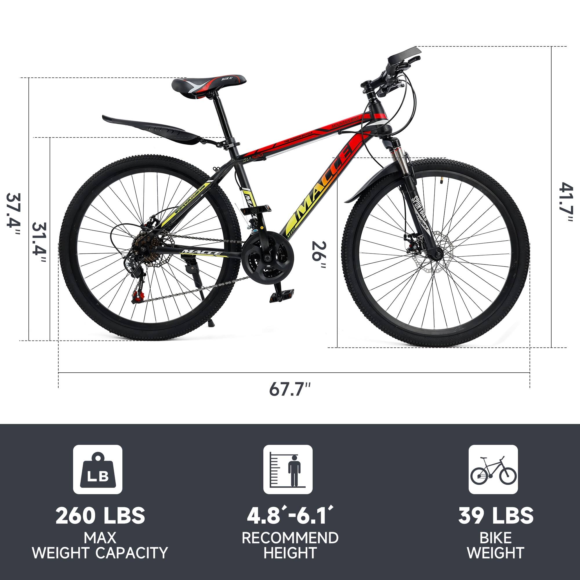 - **Dimensions:**
  - Front wheel: 31.4"
  - Rear wheel: 37.4"
  - Frame height: 41.7"
  - Overall length: 67.7"
  - Tire size: 26"

- **Specifications:**
  - **Max Weight Capacity:** 260 LBS
  - **Recommended Height:** 4.8' - 6.1'
  - **Bike Weight:** 39 LBS