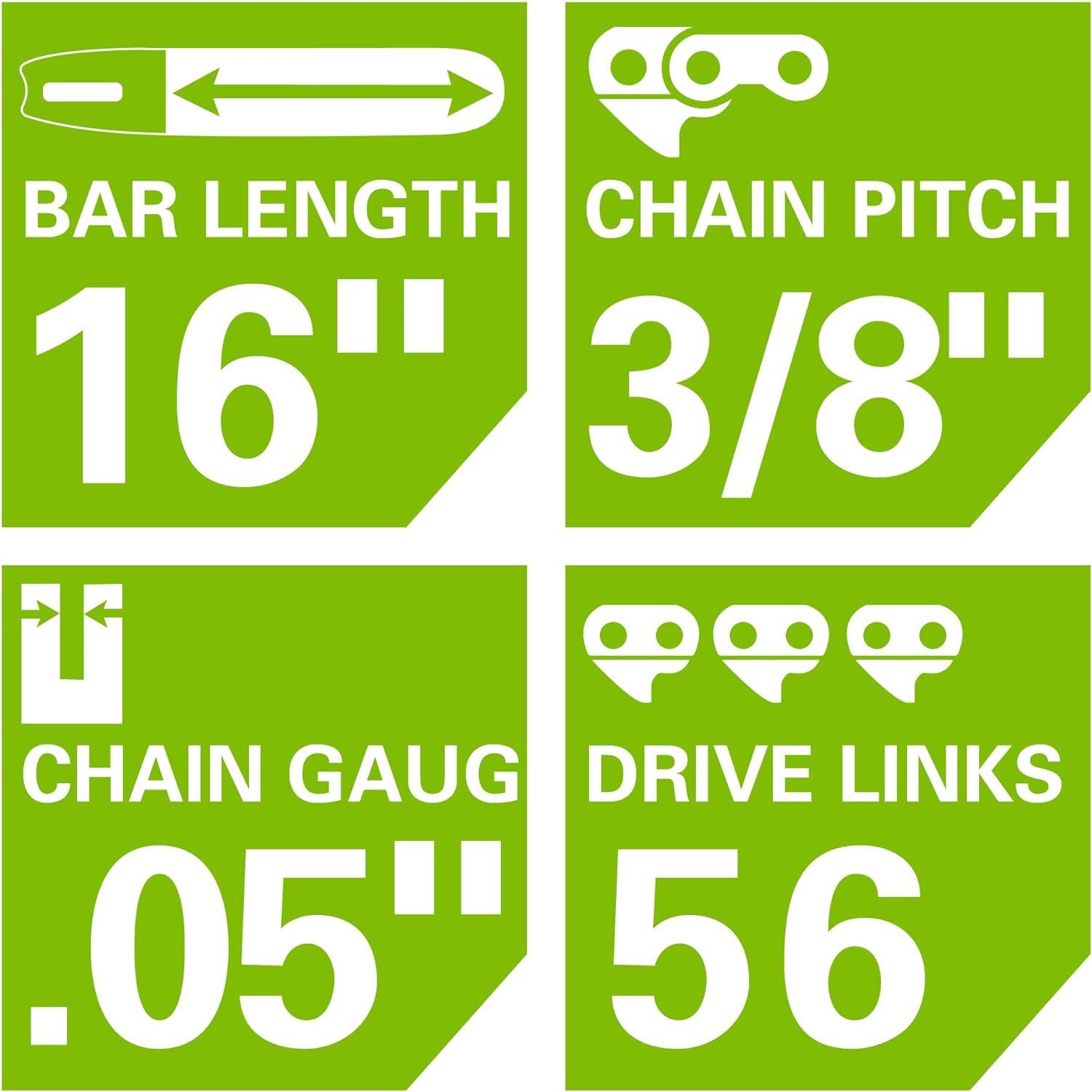 The text on the image is grouped and corrected as follows:

1. Bar Length: 16"
2. Chain Pitch: 3/8"
3. Chain Gauge: T
4. Drive Links: .05"
5. Chain Length: 56"