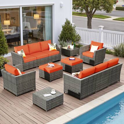 Front. Ovios - 12 PCS Patio Furniture Set, 3 Seat Cushioned Sofa, Comfy Armchair with Ottoman & Coffee Table - Orange Red.