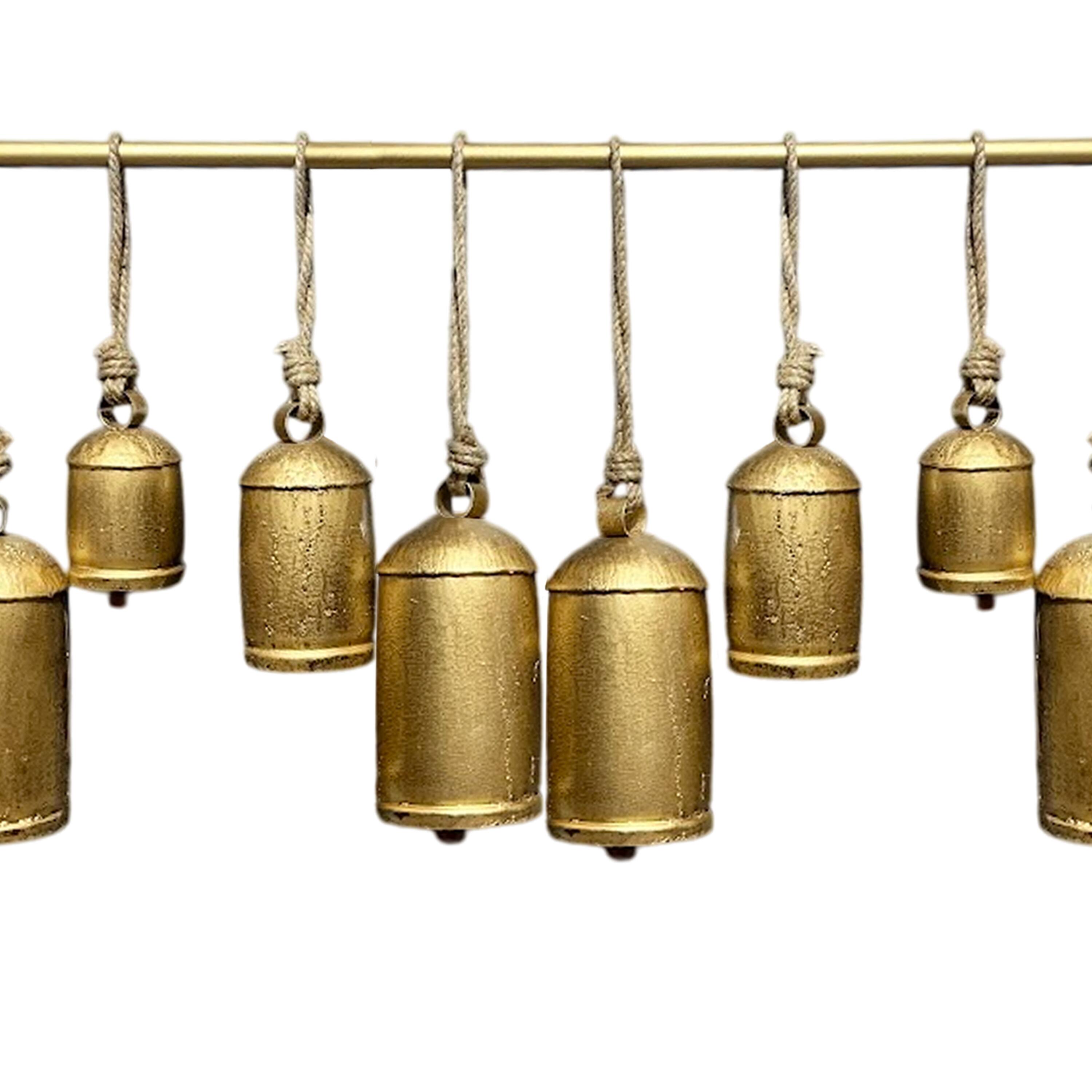 Alt View 2. Manhattan Lane - Neyra Iron Cow Bells Wall Decor 48 Inch Wide Decorative, Antique Gold Finish, Jute Hanging Rope - Gold.