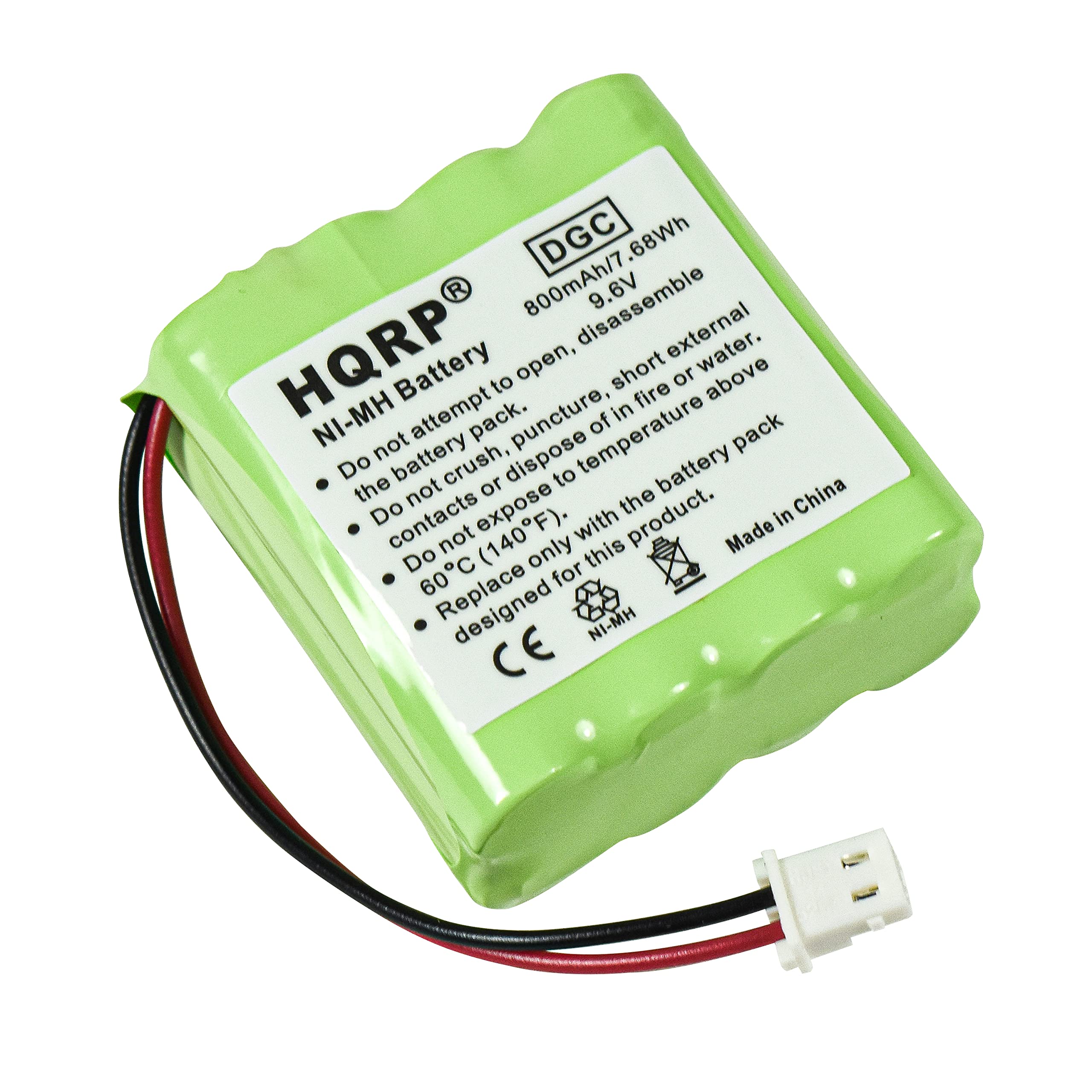 800mAh/7.68Wh DGC disassemble 9.6V HQRP Battery open, short external water. to or above attempt fire HM-IN Do not battery crush, pack. dispose puncture, temperature of in battery pack the or to Do not expose the China contacts F). with product. in Do not (140 only this Made 60C for designed CE NI-MH