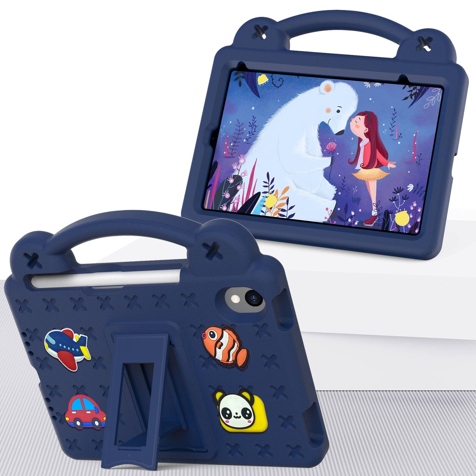 Angle. UUCOVER - Kids Case for iPad mini A17 Pro 8.3-inch 2024/iPad mini 6th Gen 2021,Shockproof EVA Case Handle Adjustable Stand Cover - Navyblue.