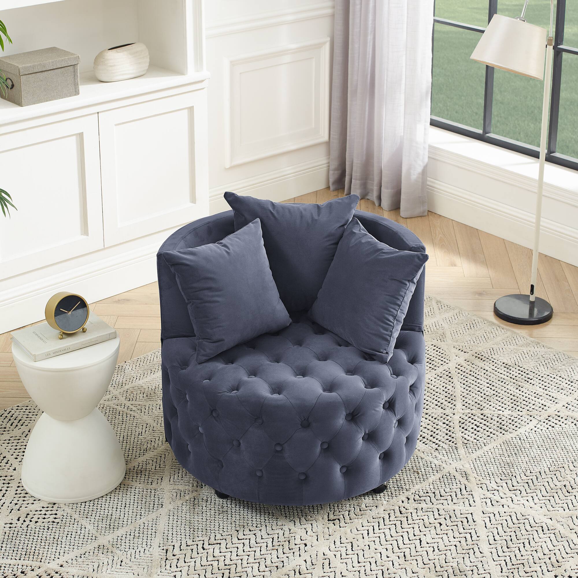 Left. Trinkets Crazed - Velvet Upholstered Swivel Chair for Living Room, with Button Tufted Design and Movable Wheels, Including 3 Pillows - Grey.