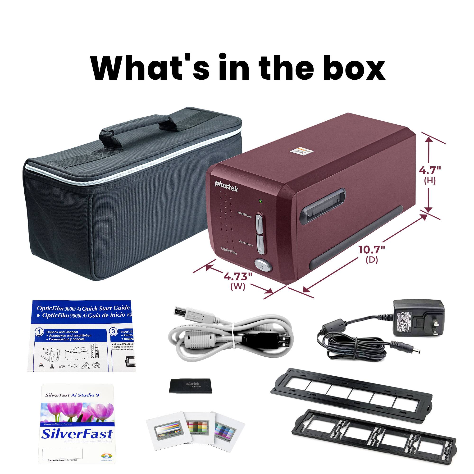 What's in the box

Plustek 4.7" (H) x 4.73" (W) x 10.7" (D) OpticFilm 3000 Ai Quick Start Guide  
OpticFilm 9000/ A Guia de inicio 1.1

1. Unpack and Connect  
   - Ajusteck und anschließen

3. Insert Film  
   - Insertar película

SilverFast Ai Studio 9  
SilverFast