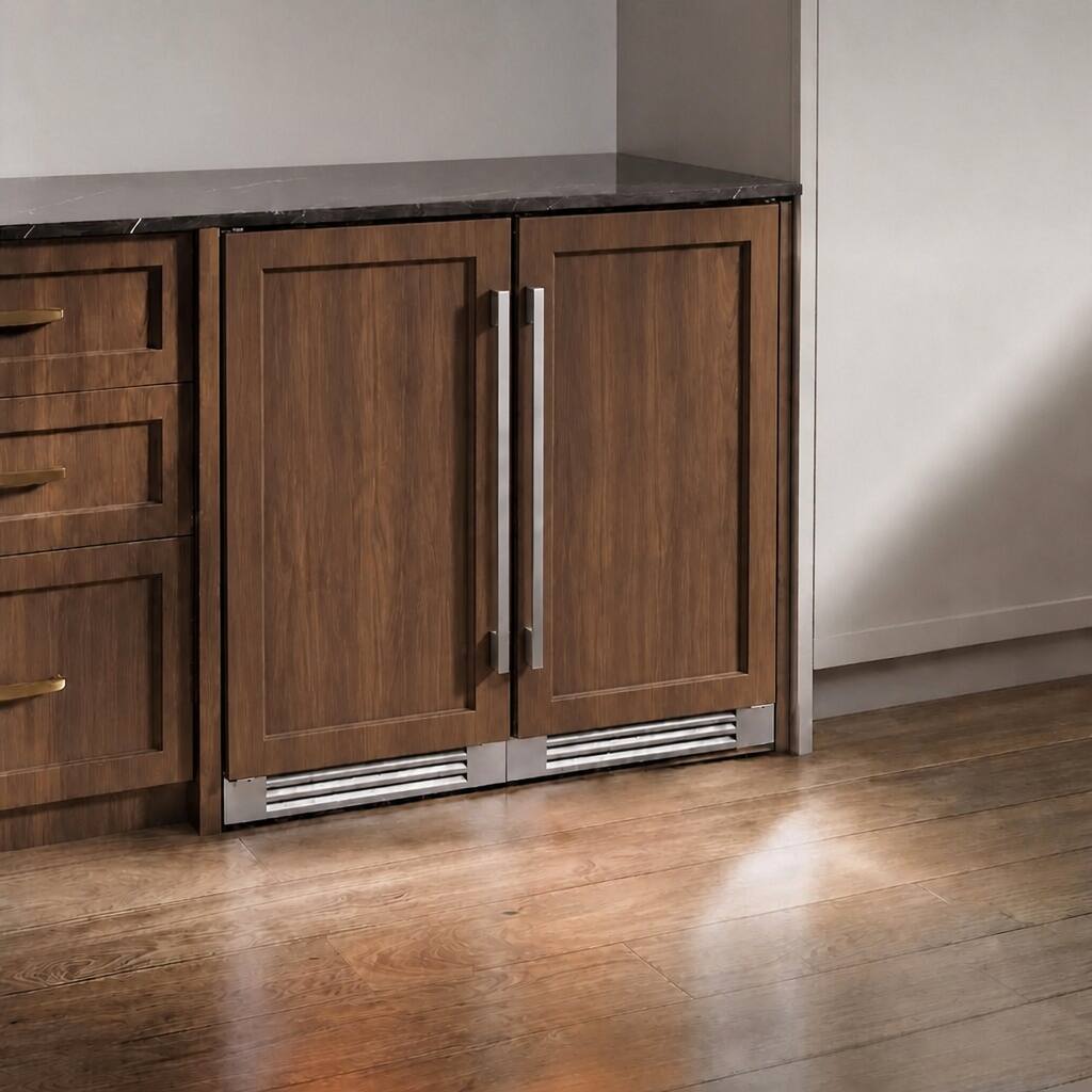 Left. Ca'Lefort - 30 inch Panel Ready Beverage refrigerator Bundle, 200 Cans, 34-54 ℉, 3 Color LED Built-in,(Panels Not Included) - Stainless Steel.