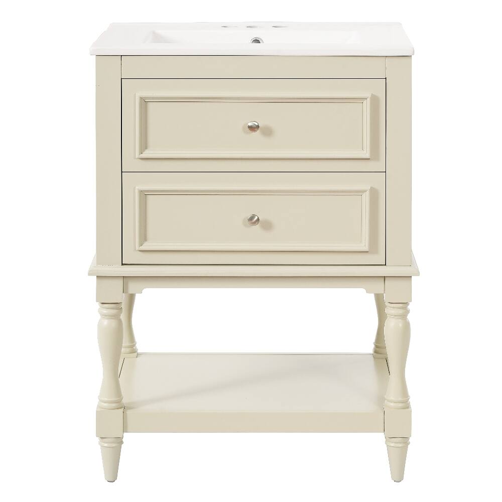 Alt View 8. Loheer - Loheer 24 inch bathroom vanity with ceramic sink, Beige Retro Cabinet with Open Shelf - Beige.