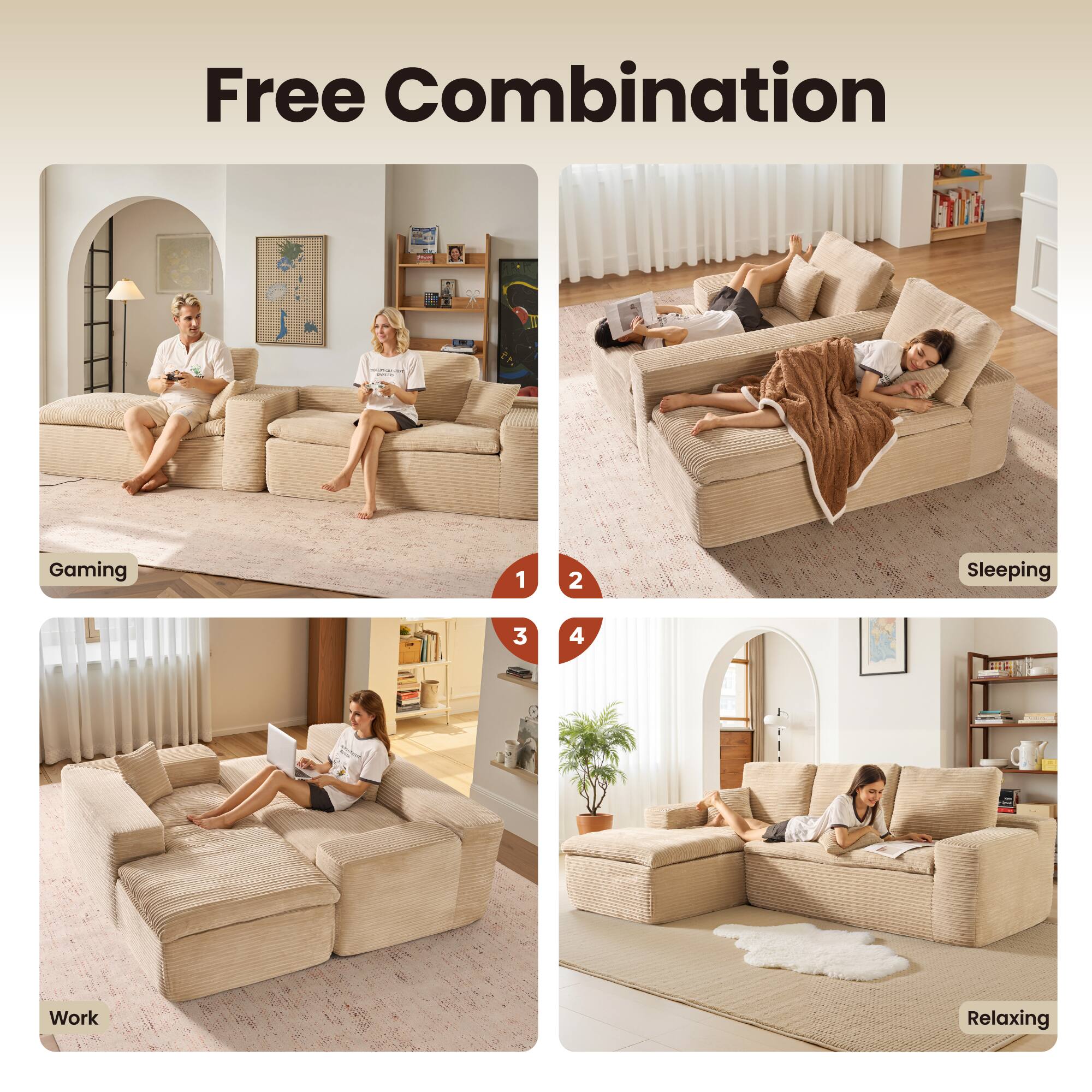 Free Combination

1. Gaming
2. Sleeping
3. Work
4. Relaxing