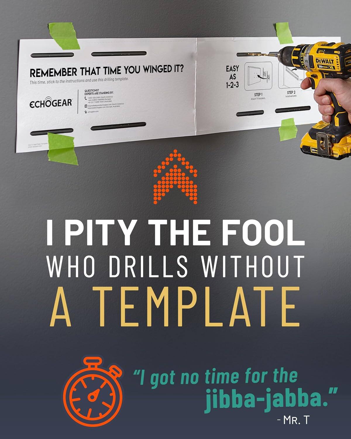 **REMEMBER THAT TIME YOU WINGED IT?**  
This time, stick to the instructions and use this drilling template.

**ECHOGEAR**

**QUESTIONS? EXPERTS ARE STANDING BY:**  
1-800-250-2000  
echogearexperts@echogearexperts.com  
echogearexperts.com

**EASY AS 1-2-3**

**STEP 1**  
Insert 17 Triggers.

**STEP 2**  
Fill in the gaps.

---

**I PITY THE FOOL WHO DRILLS WITHOUT A TEMPLATE**

**"I got no time for the jibba-jabba."**  
- MR. T