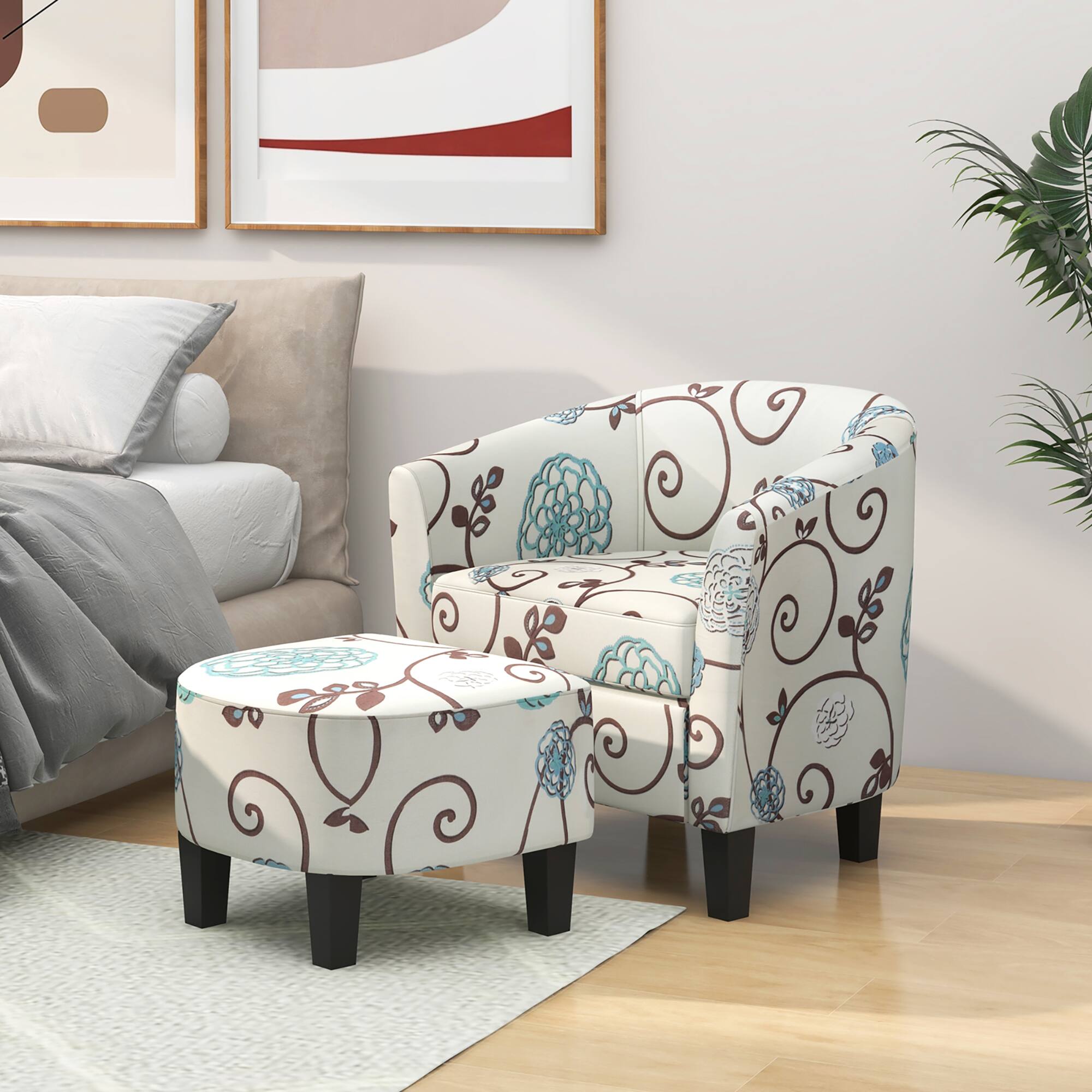 Alt View 4. Gymax - Gymax Modern Accent Tub Chair&Ottoman Set Fabric Upholstered Club Chair Grey Floral - Black, White.