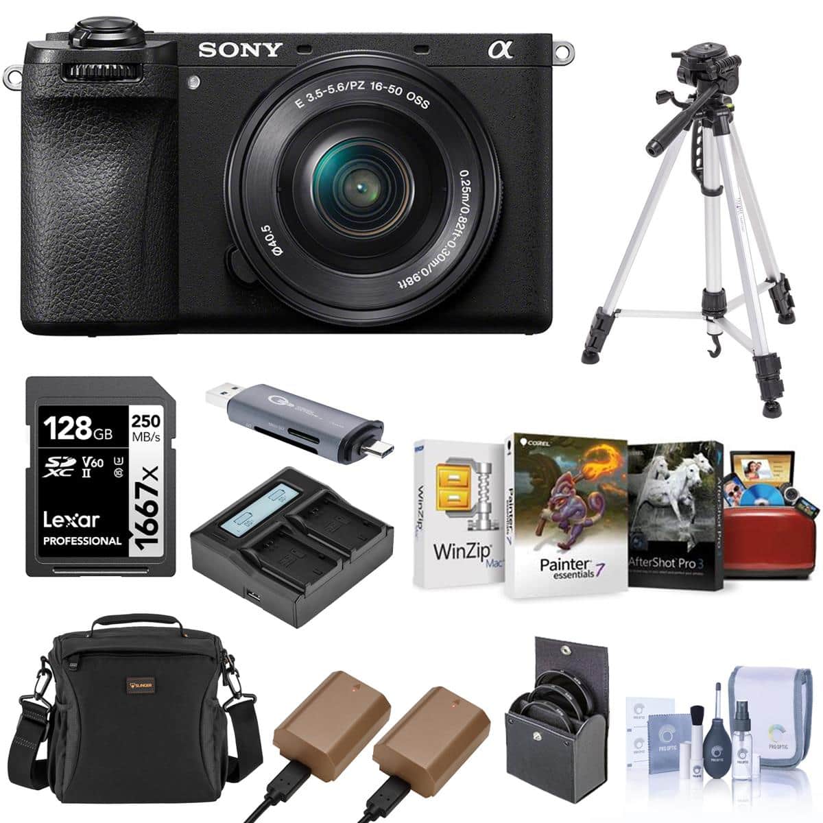 Bundle - Sony - Alpha a6700 Camera with E PZ 16-50mm f/3.5-5.6 OSS Lens with Shoulder Bag, 128GB SD Card, Card Reader, Corel